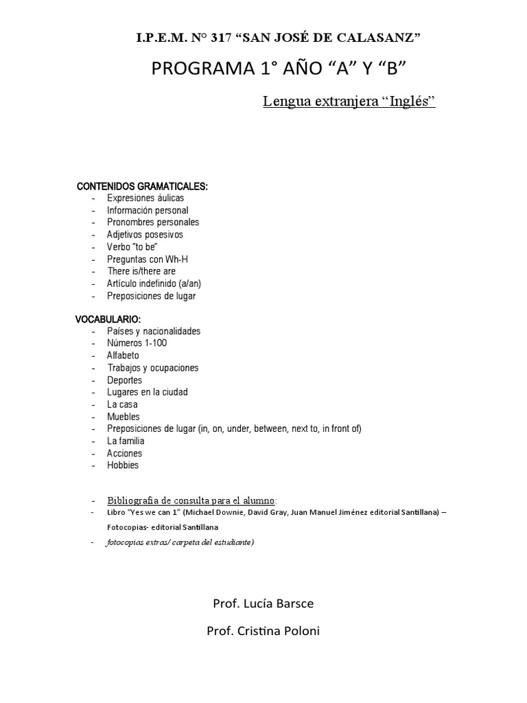 Programa de Inglés 1° Año Santillana | PDF | Artes del Lenguaje y ...
