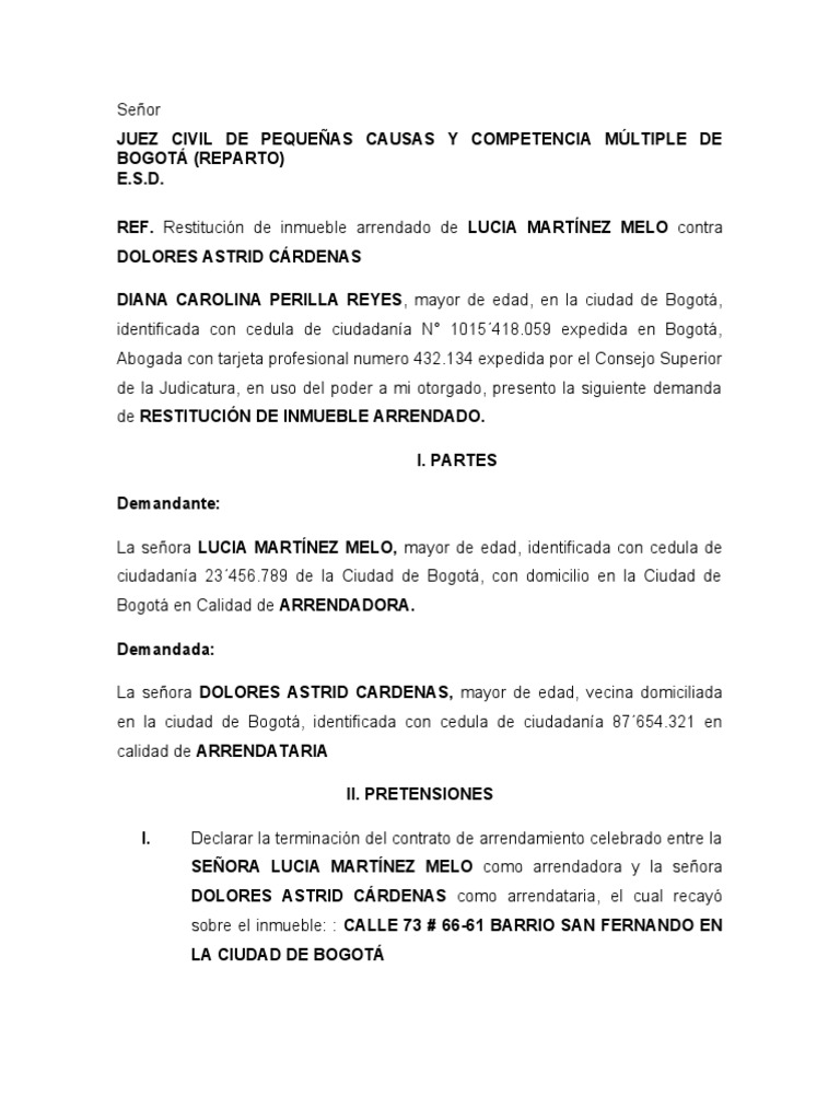 Demanda de Restitución de Inmueble | PDF | Justicia | Crimen y violencia