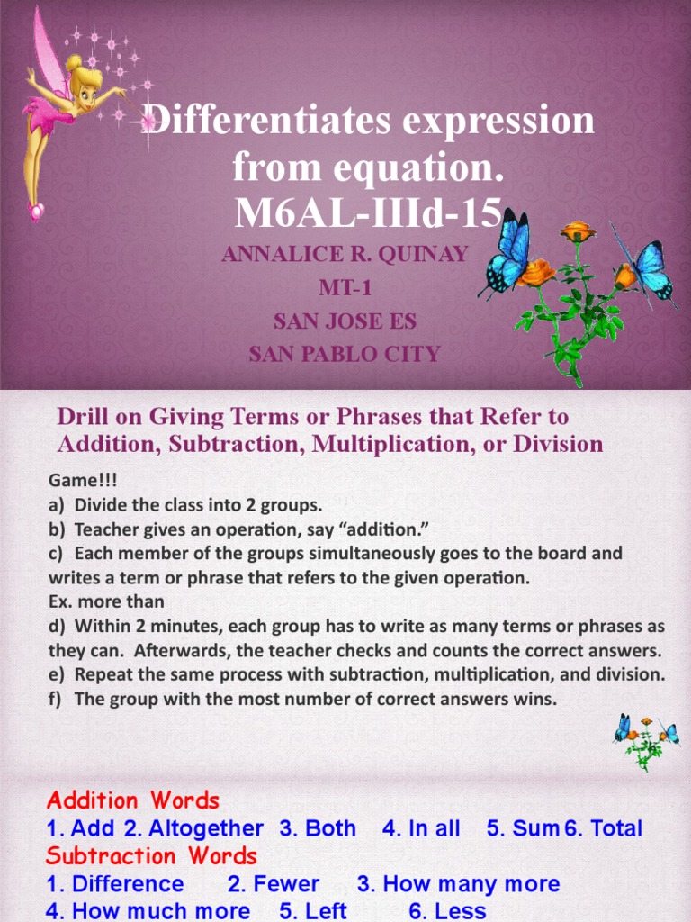 Math 6 q3 wk 4 day 4 differentiates expression from equation annalice r