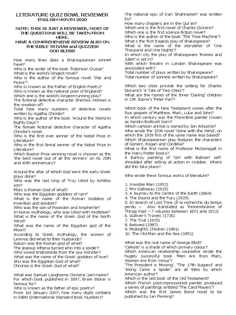 SHS JHS 2023 Literature Quiz Bowl Reviewer PDF Greek Mythology