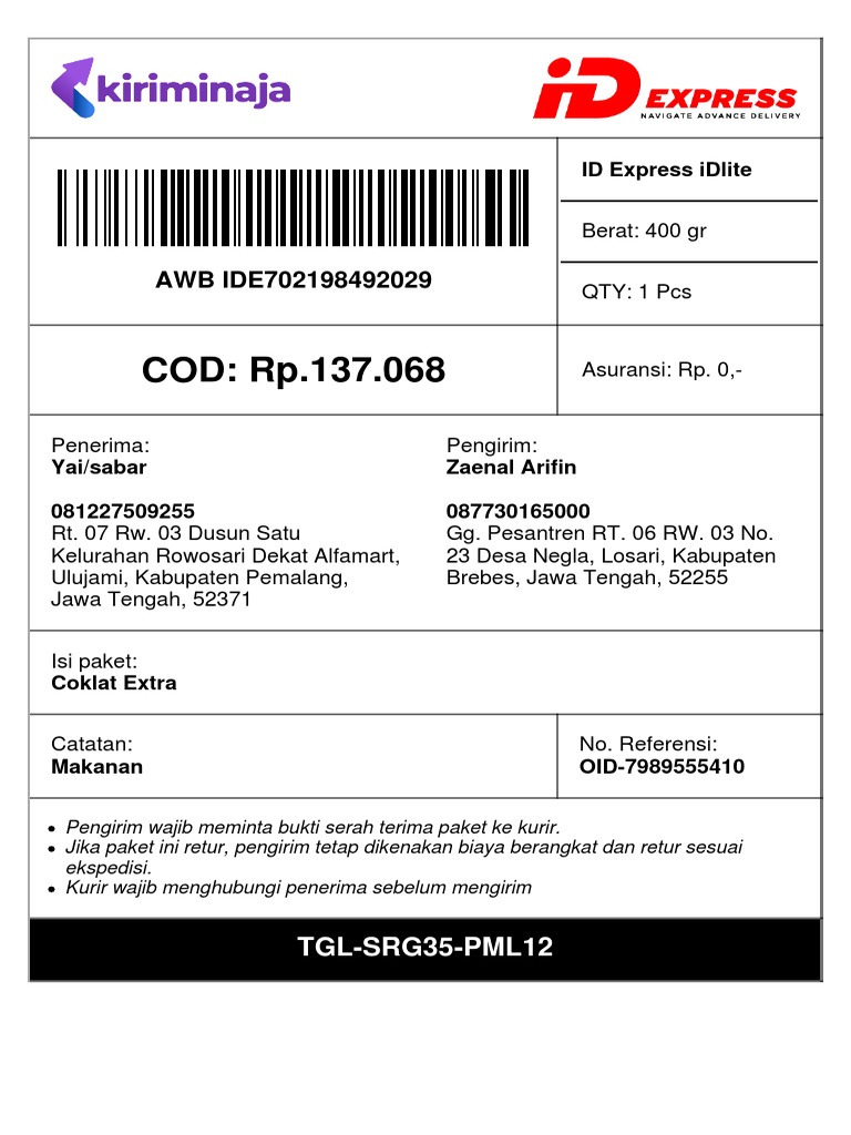 COD: Rp.137.068: AWB IDE702198492029 | PDF