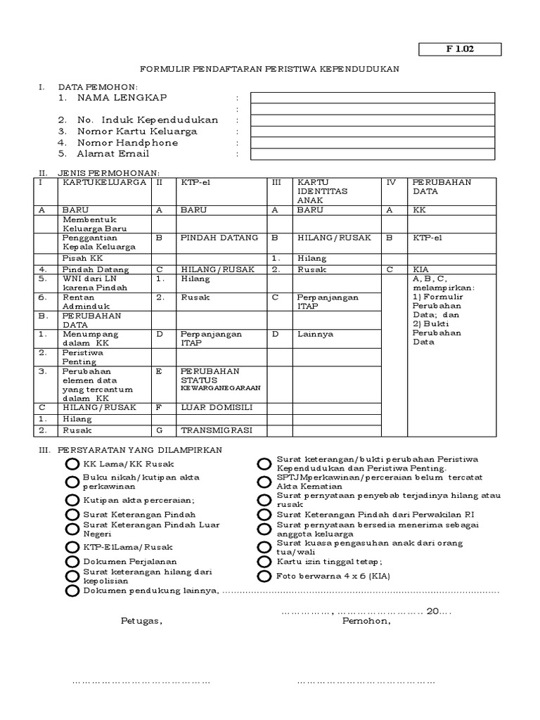 Formulir Pendaftaran Kependudukan F1.02 | PDF
