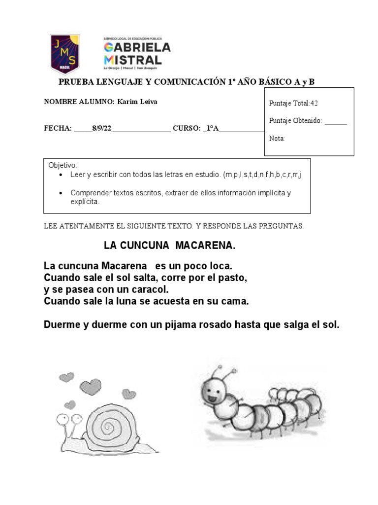 Prueba de Lenguaje 1° Básico A y B | PDF | Metodos de aprendizaje ...