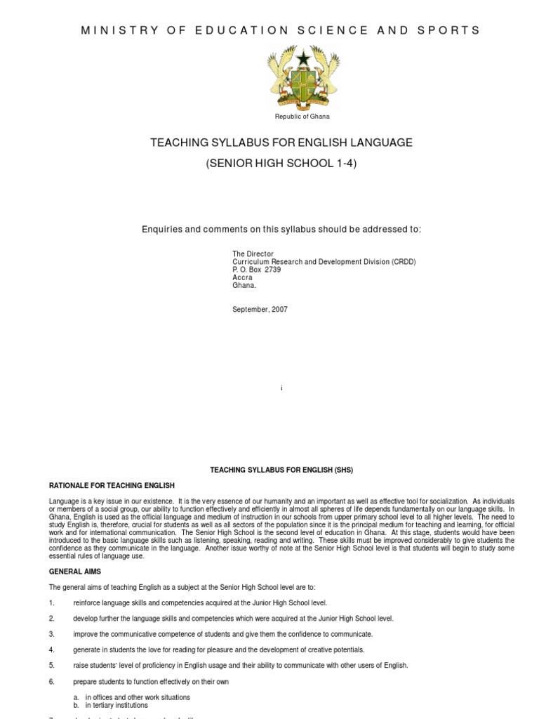 SHS English Language Teaching Syllabus | PDF | Educational Assessment ...