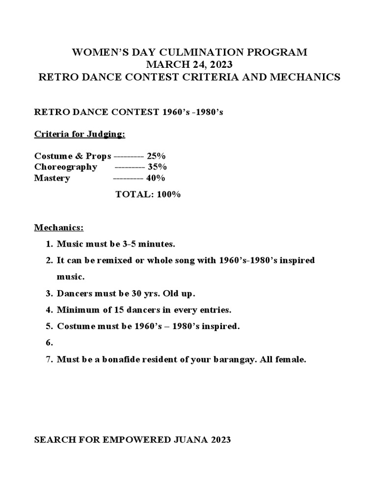 Guidelines and criteria for the retro dance contest and search for