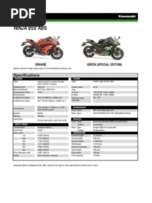 Kawasaki Ninja 650 Specifications | PDF | Clutch | Mechanical