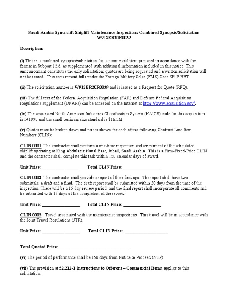 Combined Synopsis Solicitation Shiplift Inspections PDF PDF Offer And Acceptance Business