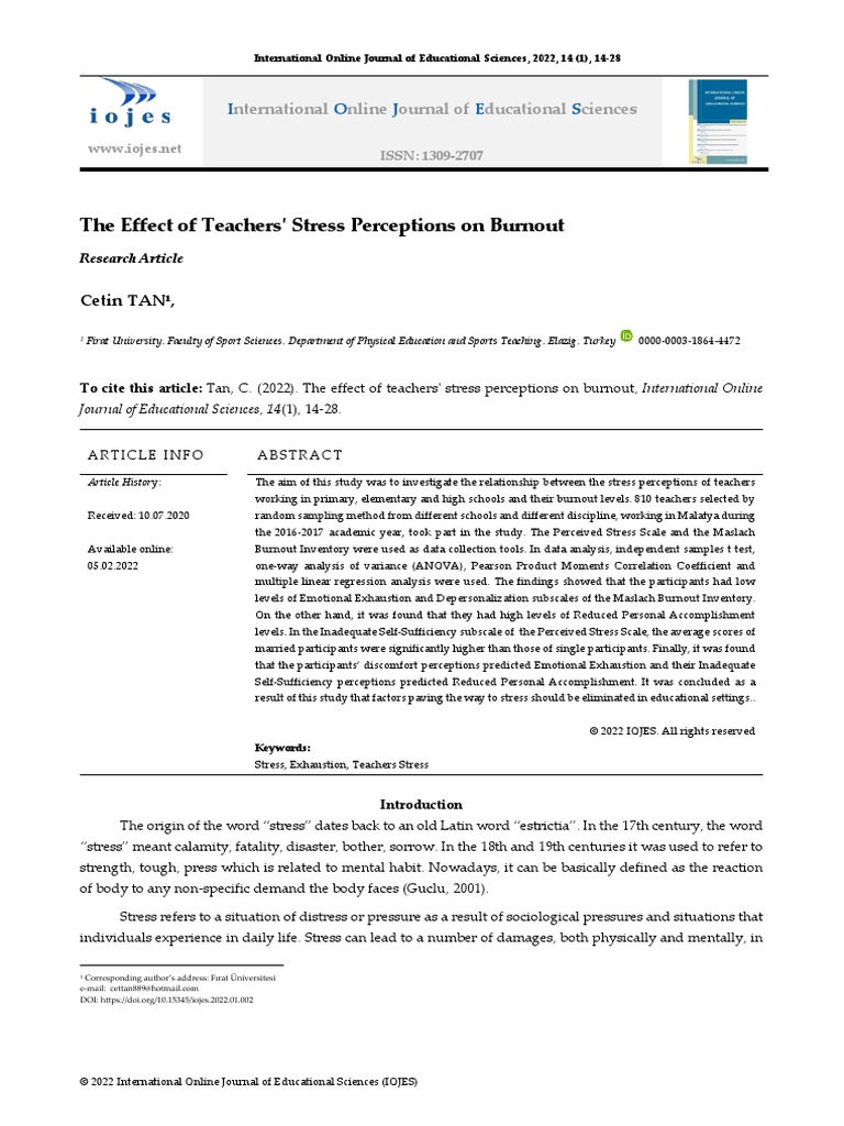 The Effect of Teachers' Stress Perceptions On Burnout PDF | PDF ...