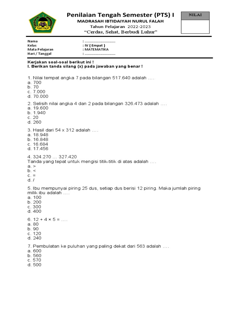Soal PTS Matematika Kelas 4 SD | PDF | Karier & Perkembangan