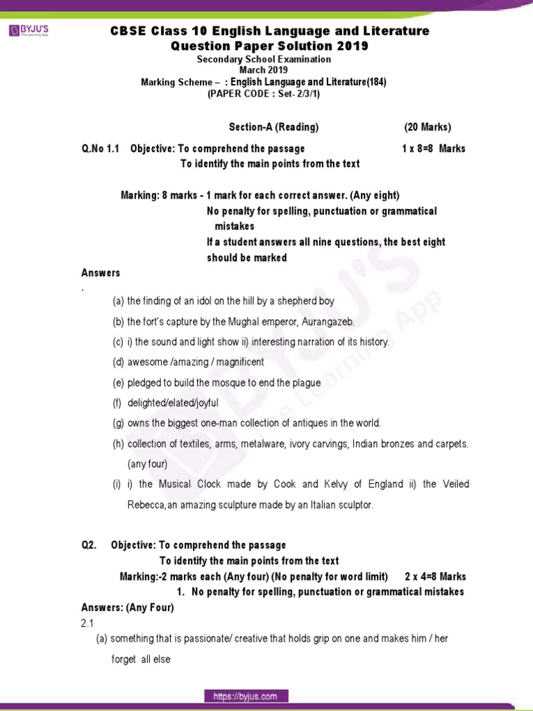 CBSE Class 10 English Exam Marking Scheme | PDF | Language Arts ...