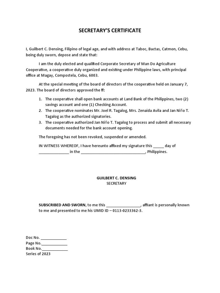 Secretary's Certificate for Bank Accounts | PDF | Social Science