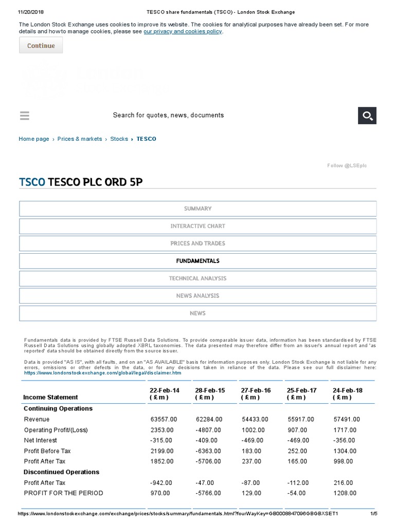 TESCO Share Fundamentals (TSCO) London Stock Exchange PDF Earnings Per Share Dividend