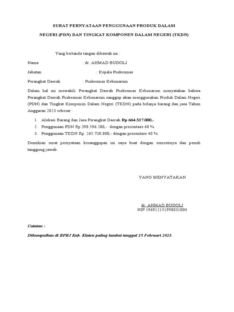 Surat Pernyataan Penggunaan Produk Dalam | PDF