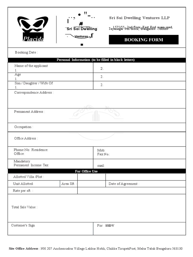 Yahvi Placida Booking Form PDF Cheque Payments