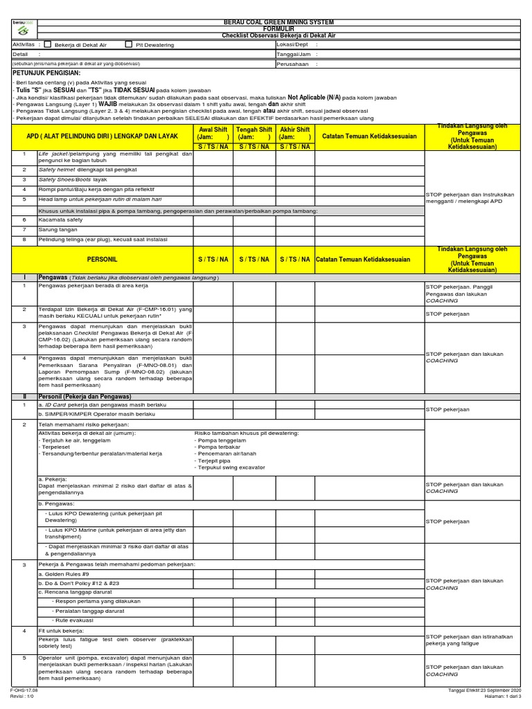 F-OHS-17.08 - Formulir Checklist Observasi Bekerja Di Dekat Air | PDF