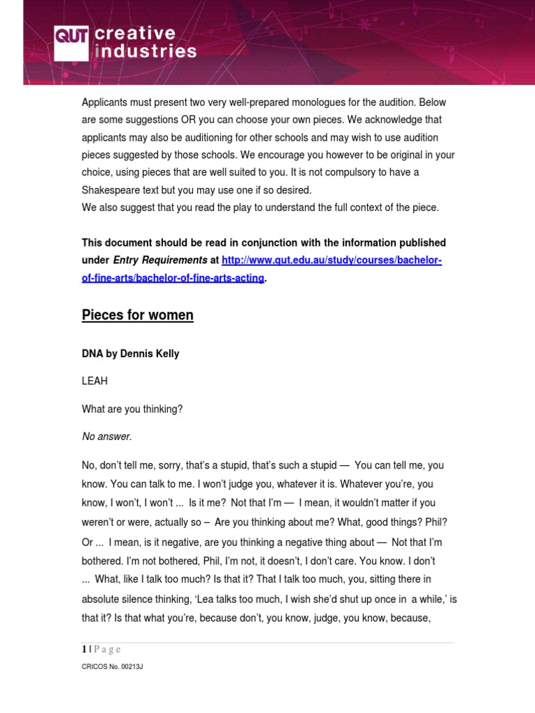 QUT Audition Monologues (2018) | PDF | Art | Poetry
