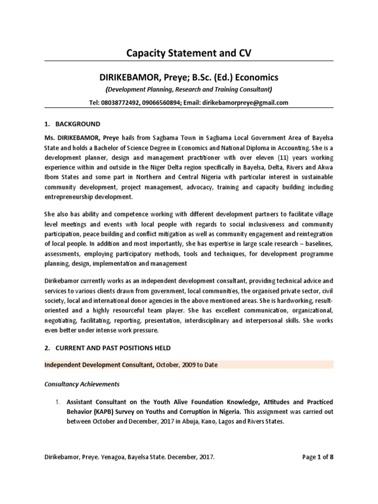 Capacity Statement and CV of Dirikebamor Preye | PDF | Survey ...