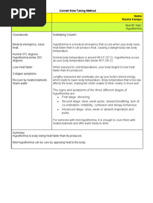 Cornell Note Taking (hypothermia)