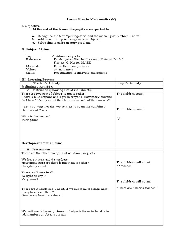 Kindergarten Addition Lesson Plan | PDF | Teachers | Behavior Modification