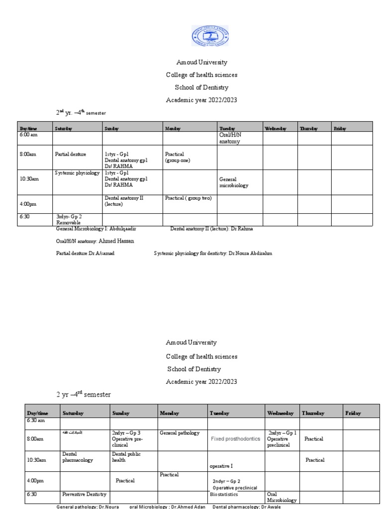 Timetable For Dentistry 2023 (Second Semester) PDF Dentistry