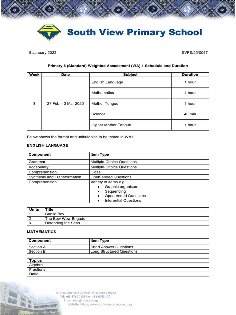Primary 6 WA1 Schedule & Details 2023 | PDF | Multiple Choice | Linguistics