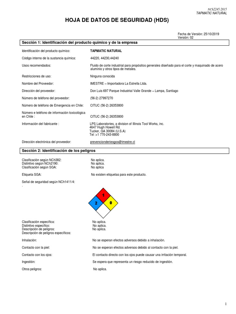 MSDS LPS Tapmatic Natural | PDF | Agua | Contaminación
