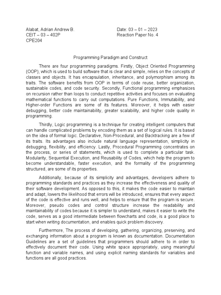 Reaction Paper No. 4 | PDF | Computer Programming | Object Oriented ...