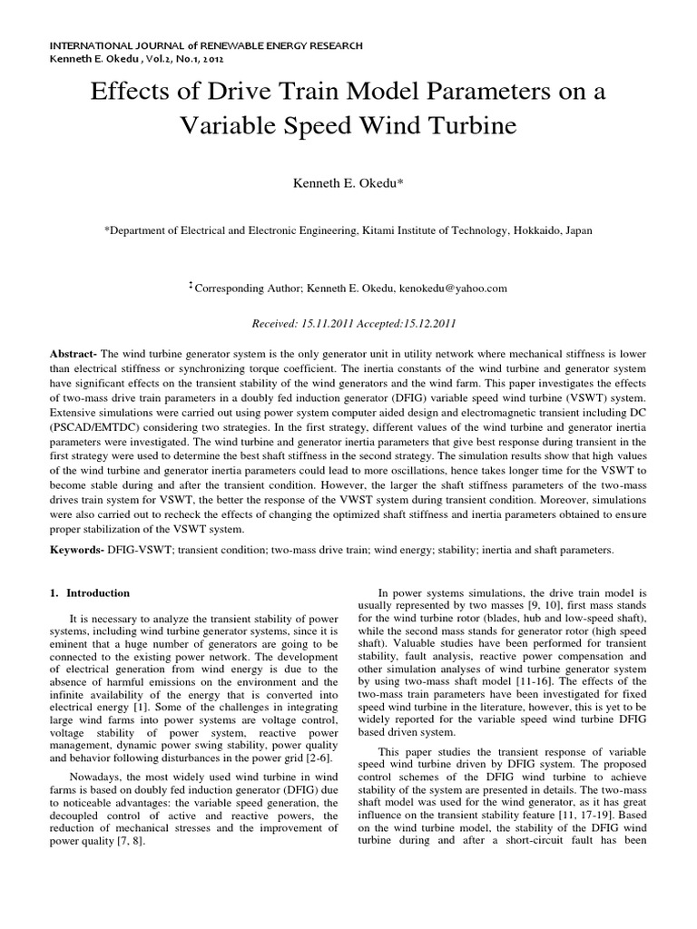 Effects of Drive Train Model Parameters On A Variable Speed Wind