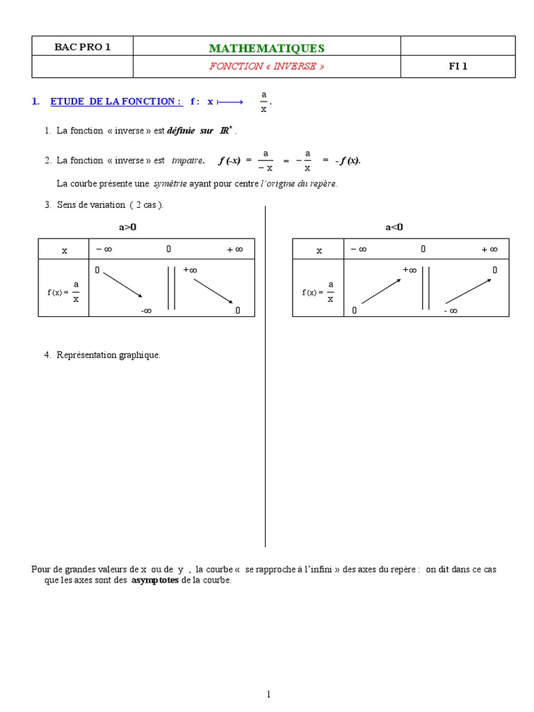 Étude de la fonction inverse en maths | PDF | Limite (mathématiques ...