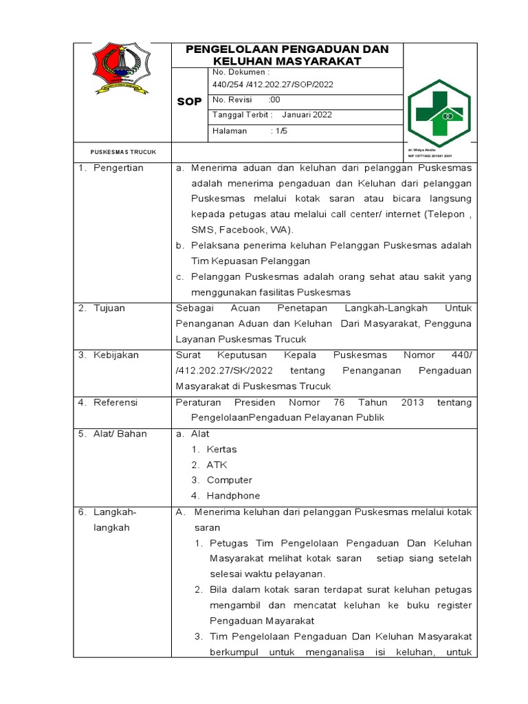 Sop Pengelolaan Pengaduan Dan Keluhan Masyarakat Pdf