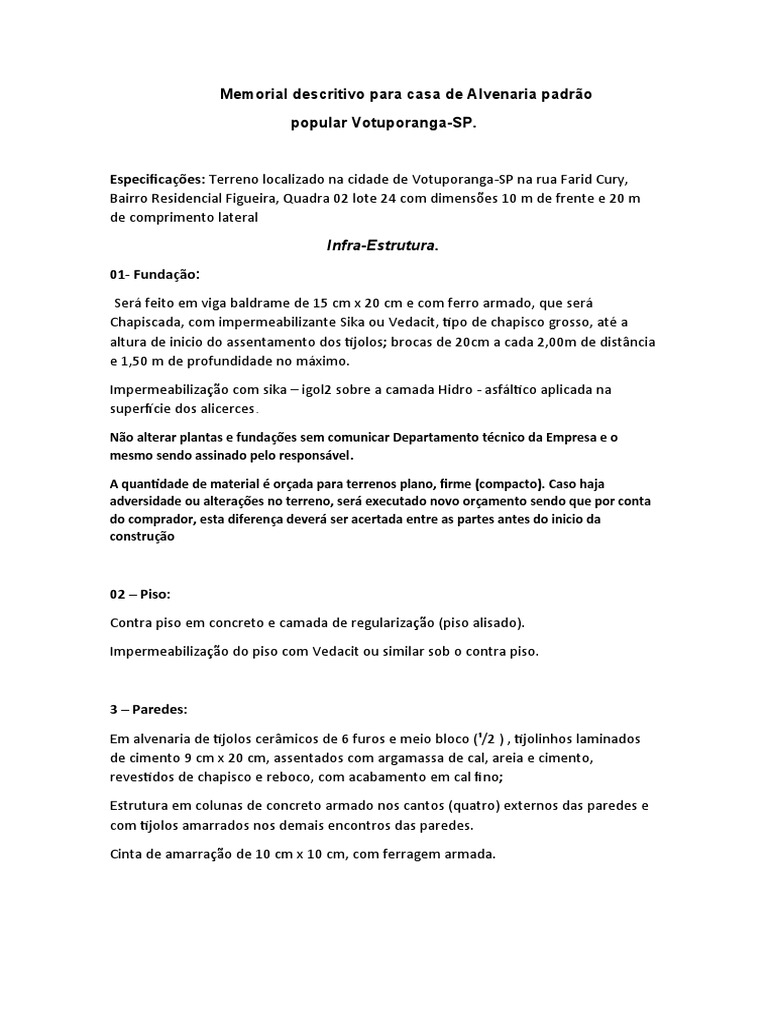 Memorial Descritivo Casa Votuporanga-SP | PDF | Argamassa (alvenaria ...