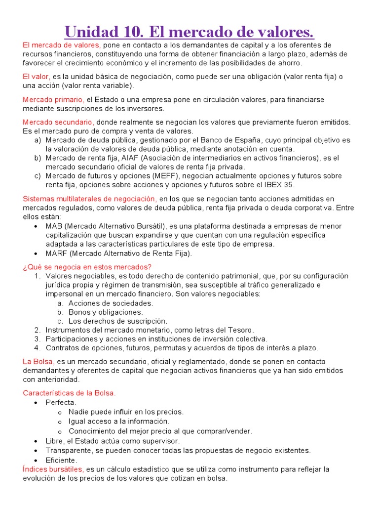 Unidad 10. El Mercado de Valores | PDF | Bolsa | Bolsa de Valores