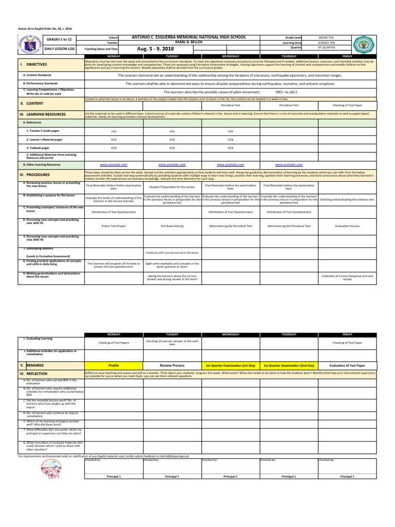 Grade 10 Science Daily Lesson Log | PDF | Plate Tectonics | Learning