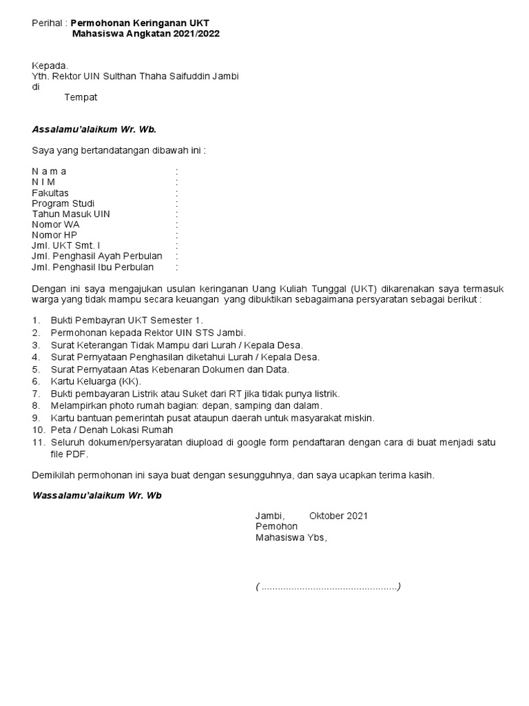 Formulir Surat Keringanan Ukt 2021 | PDF