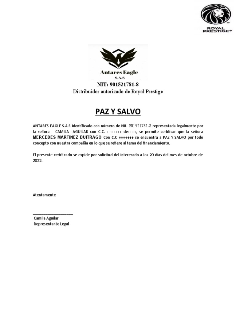 Certificado de Paz y Salvo - Antares Eagle S.A.S | PDF | Derecho