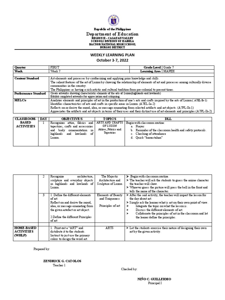 Grade 7 MAPEH Weekly Learning Plan | PDF | Teachers | Teaching