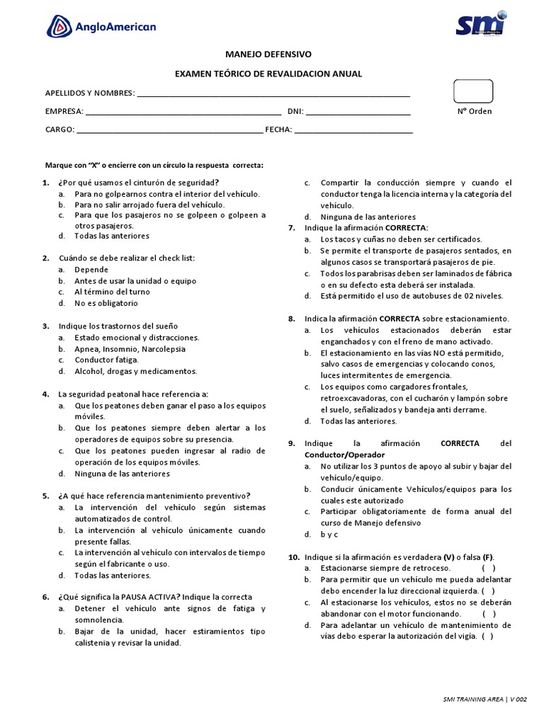 Examen de Manejo Teorico Anual PDF PDF