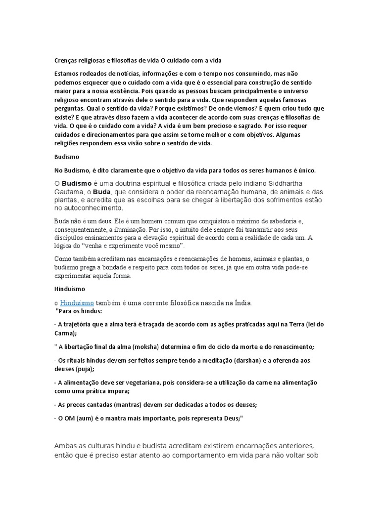 Crenças Religiosas E Filosofias De Vida O Cuidado Com A Vida Pdf