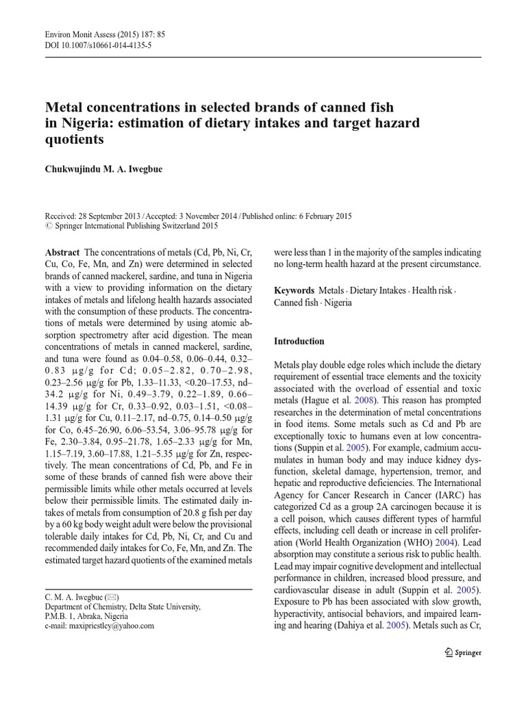 Assessment of Metal Concentrations, Dietary Intakes, and Health Risks