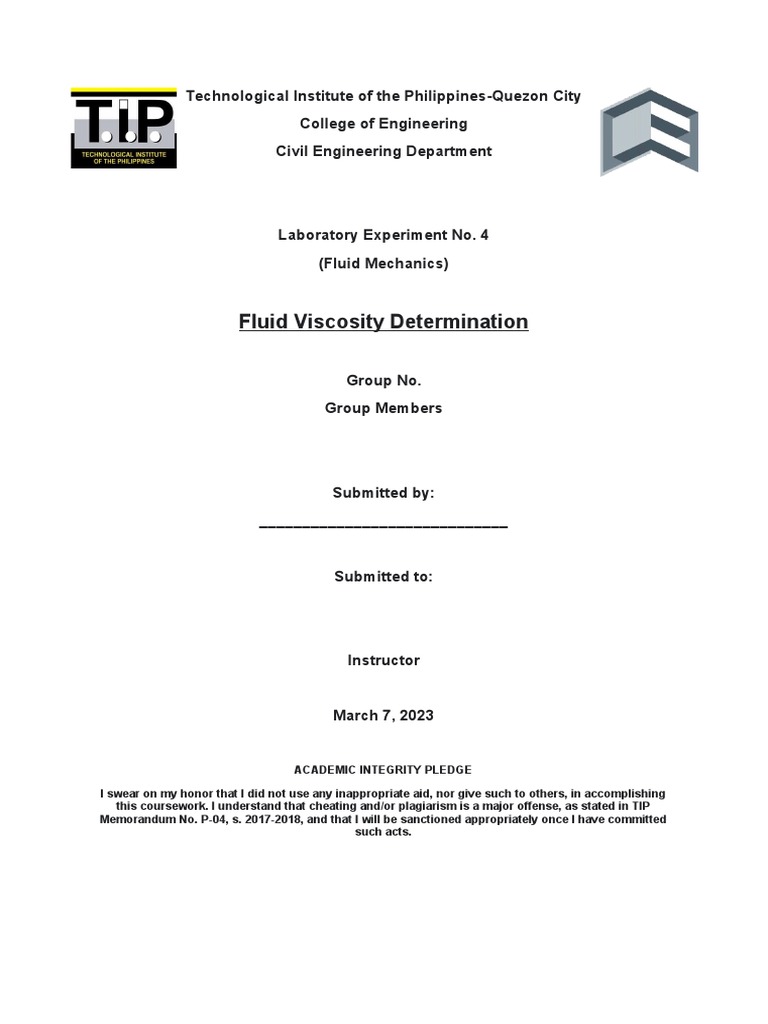 TIP Honor Pledge for Fluid Mechanics Lab | PDF | Viscosity | Sphere