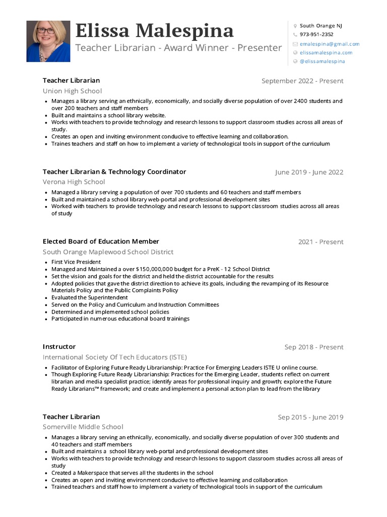 Elissa malespina visualcv resume pdf teachers school library