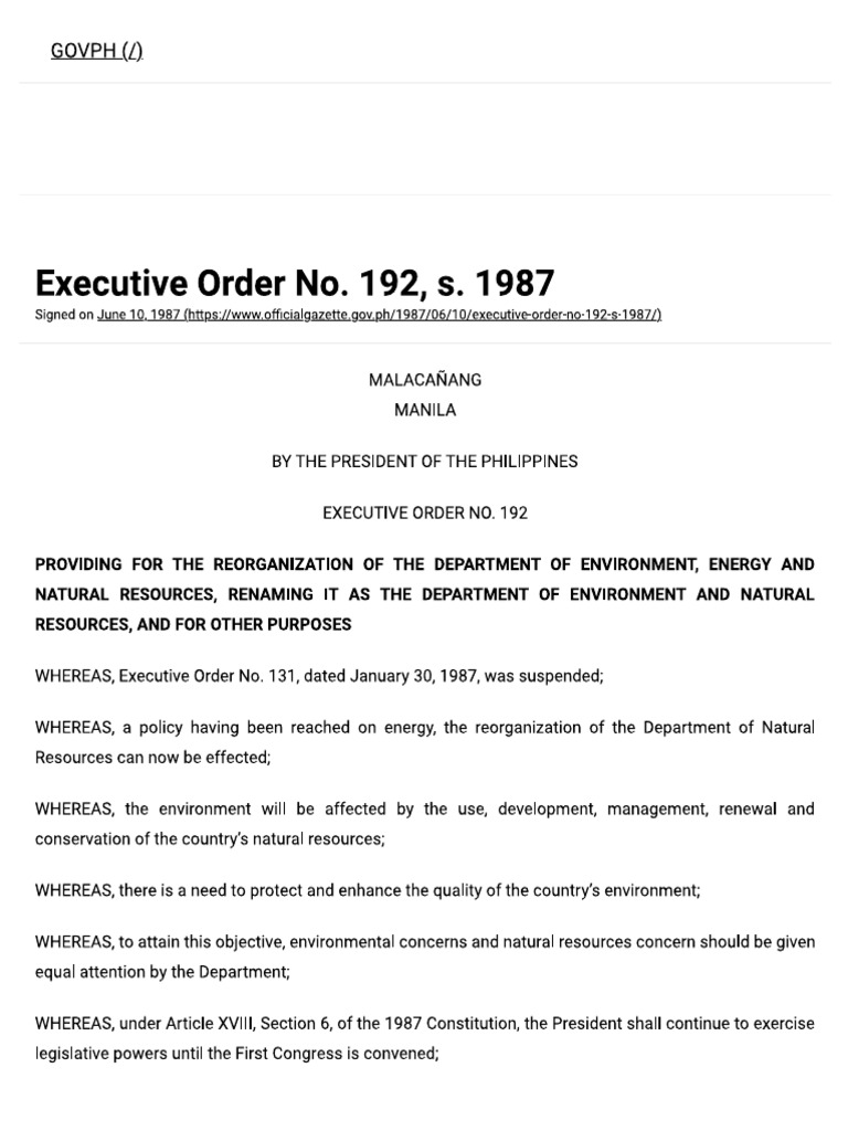 Executive Order No. 192, S. 1987 Offi... Tte of The Republic of The Philippines PDF
