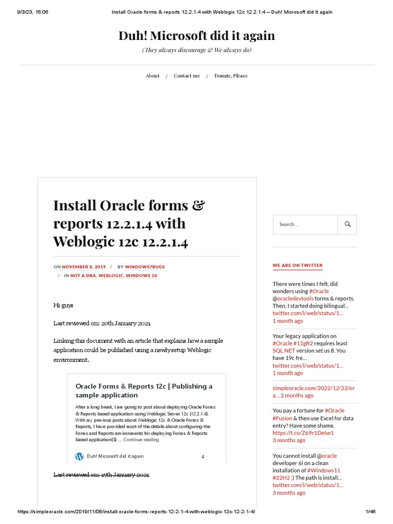 Install Oracle forms & reports 12.2.1.4 with Weblogic 12c 12.2.1.4 – Duh!  Microsoft did it again | PDF | Microsoft Windows | Oracle Database