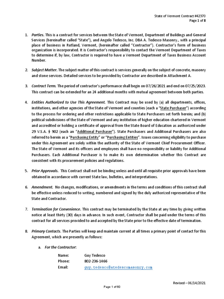 Vermont Masonry Services Contract 42370 | PDF | Sovereign Immunity ...