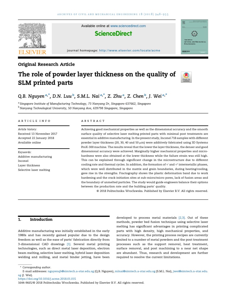 The role of powder layer thickness on the quality of pdf