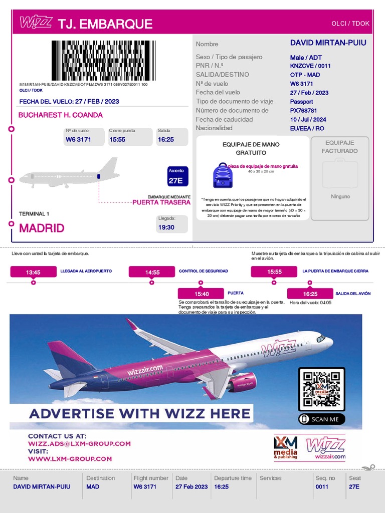 Detalles del embarque para un vuelo de OTP a MAD el 27 de febrero de