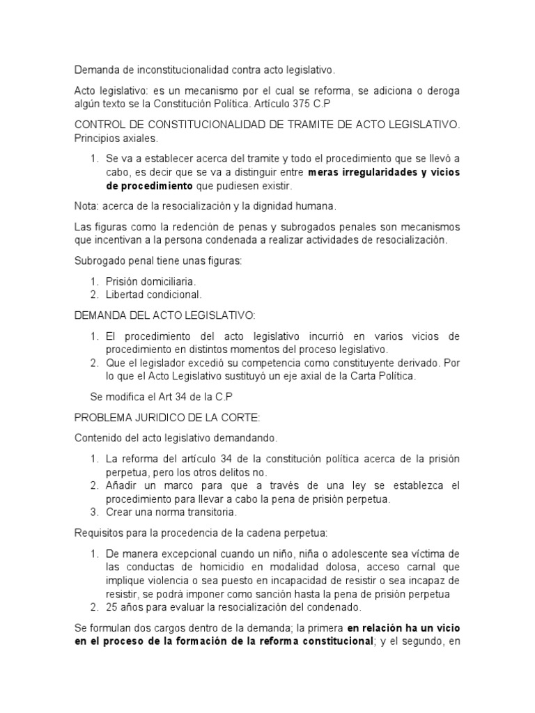 Demanda de Inconstitucionalidad Contra Acto Legislativo PDF Cadena