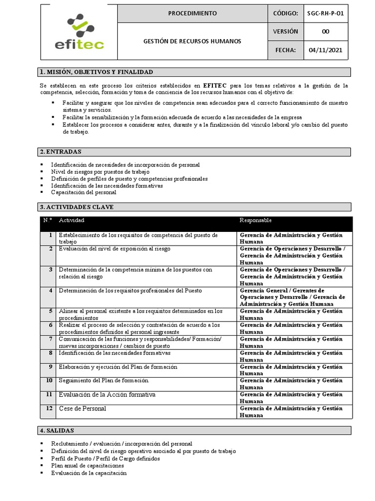 SGC-RH-P-01 Gestión de Recursos Humanos Ver.01 | PDF | Gestión de ...
