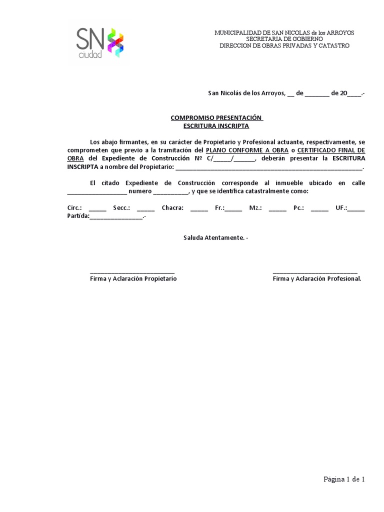 CEDULA Tipo 1 - COMPROMISO PRESENTACIÓN ESCRITURA INSCRIPTA | PDF