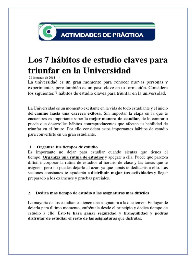 Hábitos de estudio para triunfar en la universidad | PDF